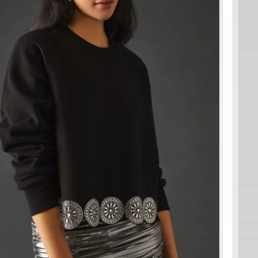 Anthropologie Canapé Embellished Fleece Sweatshirt Black S